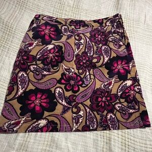 Corduroy Ann Taylor Retro Floral Skirt - Paisley Burgundy Purple Khaki Size 8